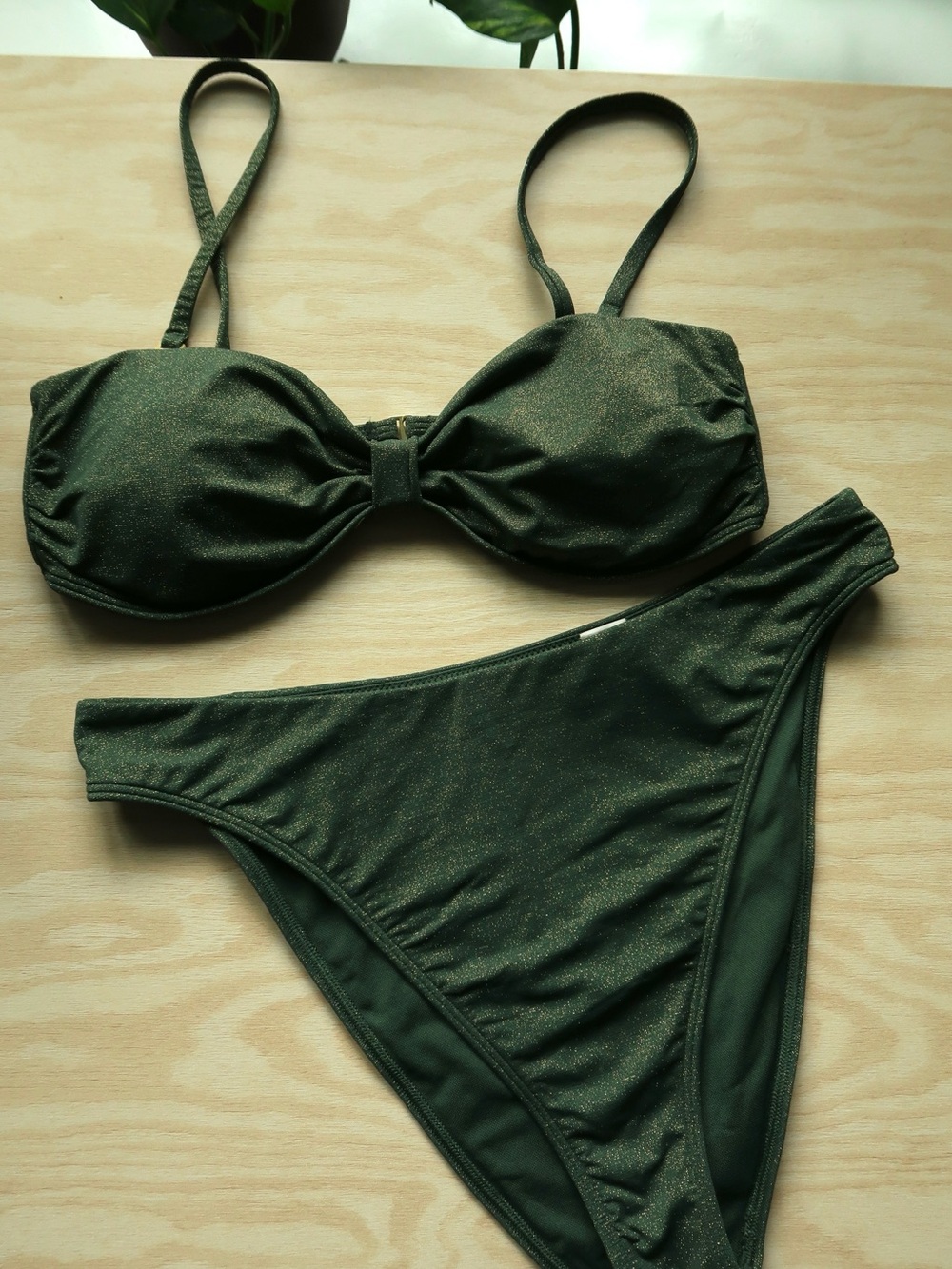 Abercrombie Green & Gold Shimmer High-Waisted Bikini | Size M